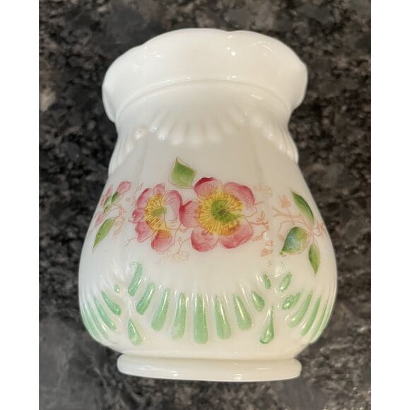Vintage White Milk Glass Vase with Hand Painted Pink & Yellow Floral Motif - Picture 6 of 6